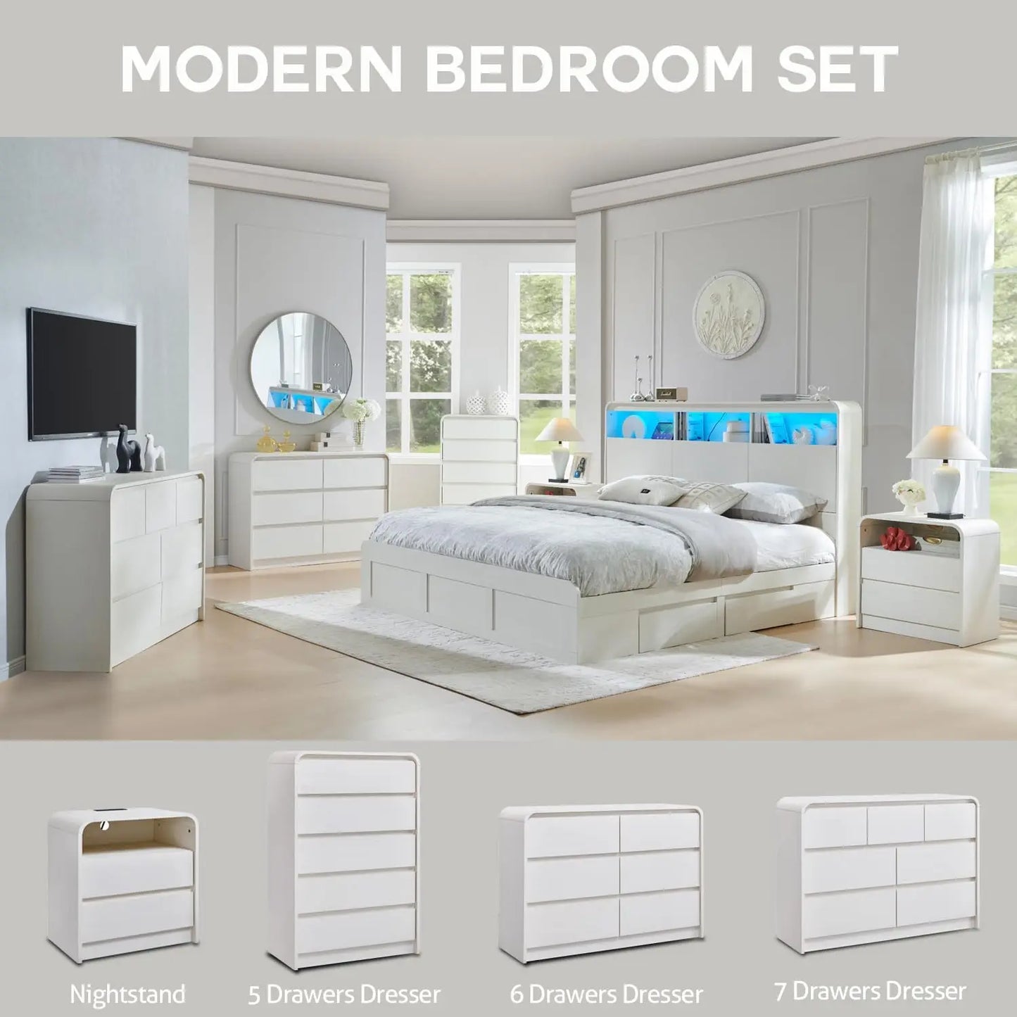 Modern 6 Drawers Dresser, 47" Wide Wood Dressers & Chests of Drawers w/Curved Profile Design, Natural Texture for Bedroom.